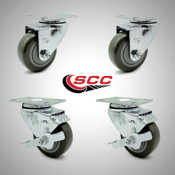 3.5 Inch SS Gray Polyurethane Swivel Top Plate Caster Set with 2 Brakes SCC